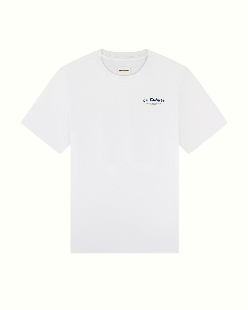 Back side White t-shirt with black text on a white background