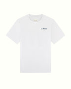 Back side White t-shirt with black text on a white background
