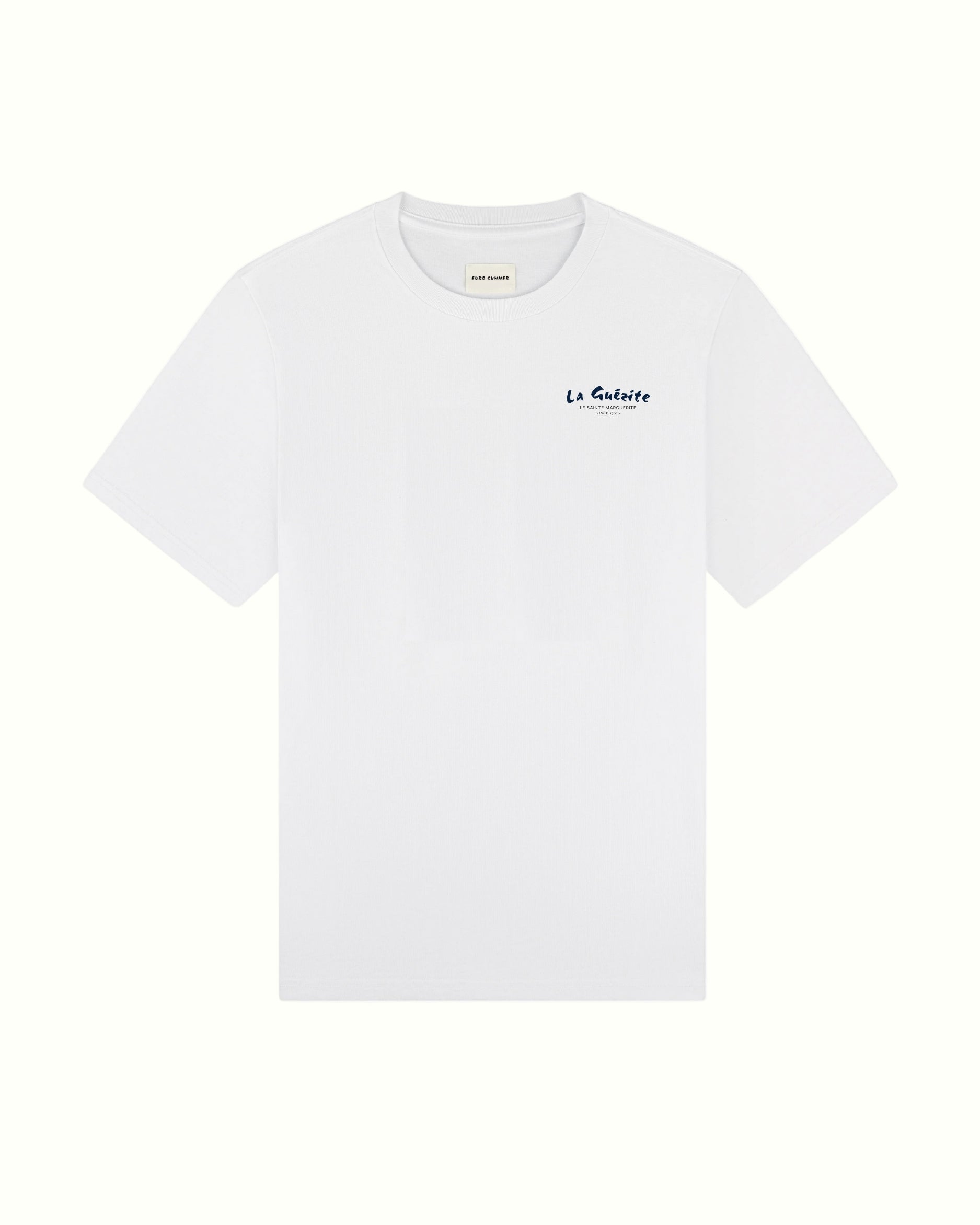 Back side White t-shirt with black text on a white background