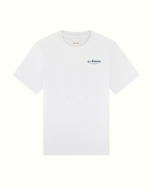 Back side White t-shirt with black text on a white background