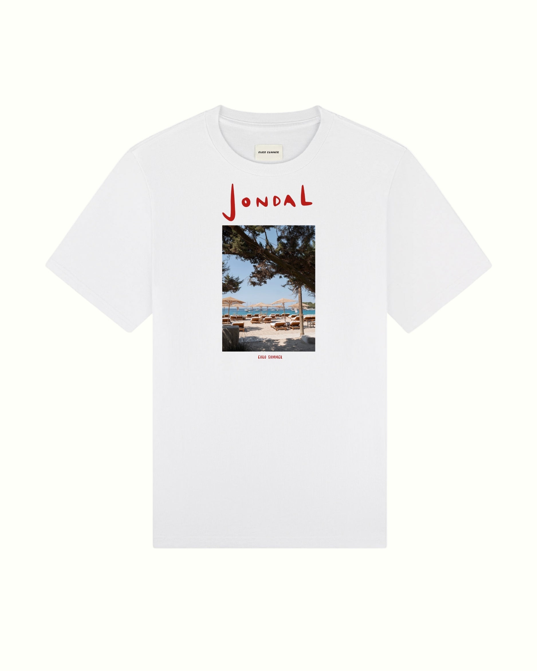 Front side white t-shirt with a printed design and 'Jondal' branding on a white background