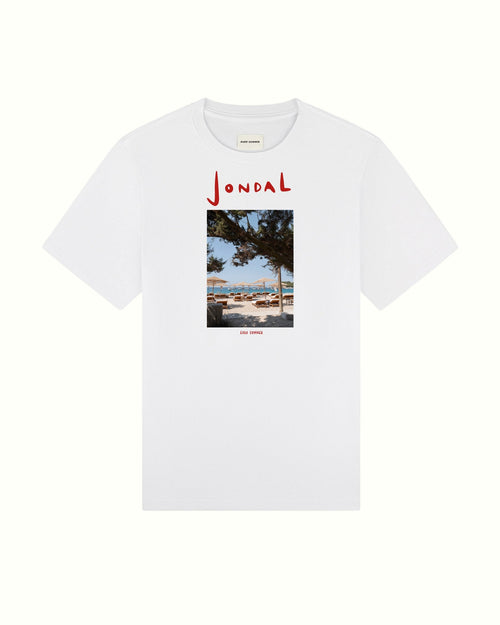 Front side white t-shirt with a printed design and 'Jondal' branding on a white background