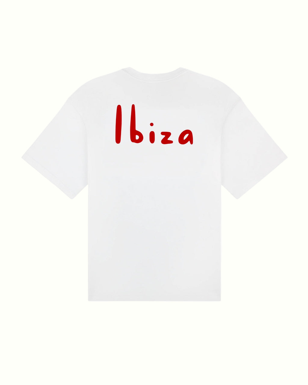 Back side white t-shirt with 'Ibiza' printed in red on a white background