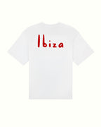Back side white t-shirt with 'Ibiza' printed in red on a white background