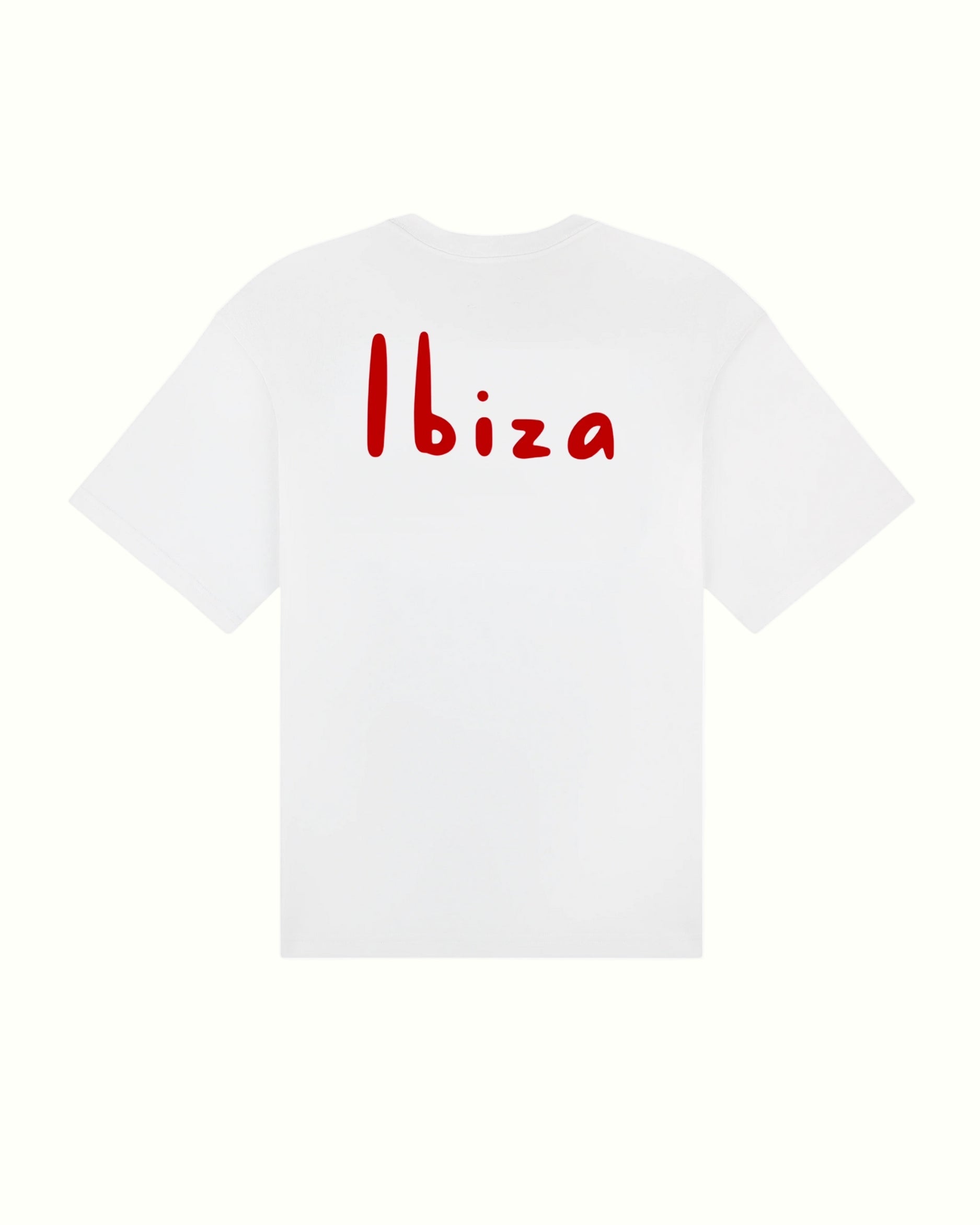 Back side white t-shirt with 'Ibiza' printed in red on a white background