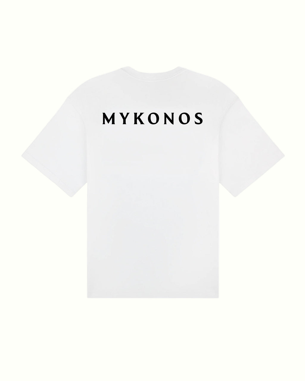 White t-shirt with 'MYKONOS' text on a white background