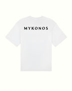 White t-shirt with 'MYKONOS' text on a white background