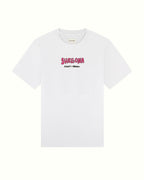 White t-shirt with pink and red text on a white background