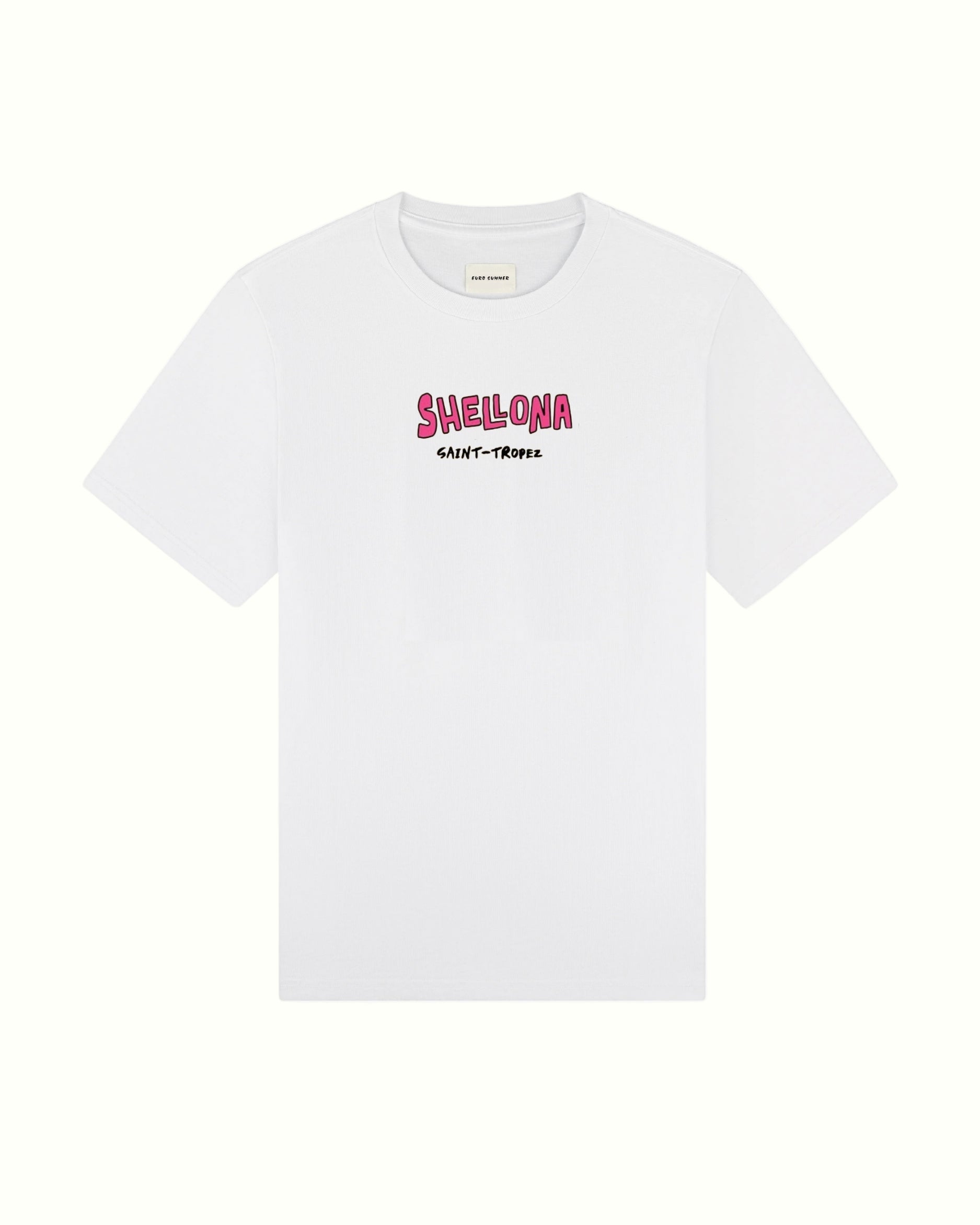 White t-shirt with pink and red text on a white background