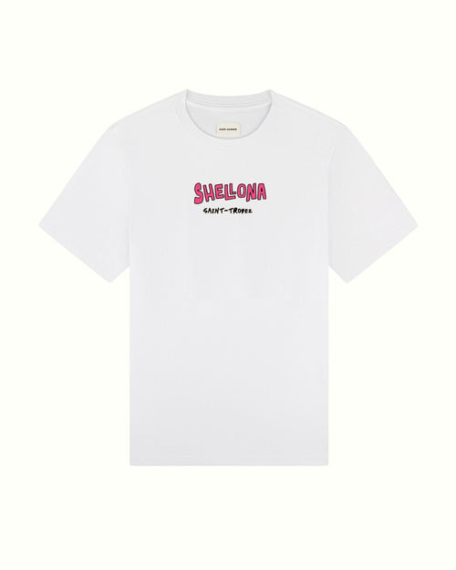 White t-shirt with pink and red text on a white background