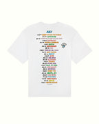 White t-shirt with colorful text and graphics on a white background