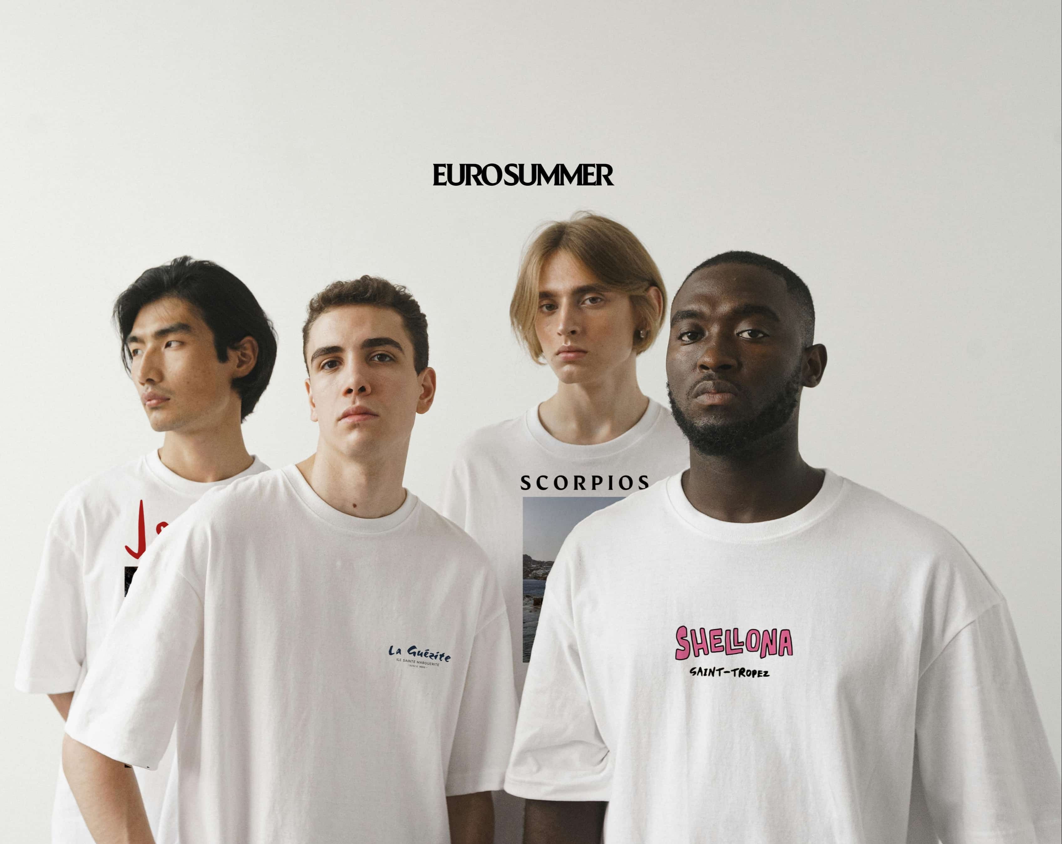 Four individuals wearing white t-shirts with brand logos against a white background, featuring the brand 'EURO SUMMER'.